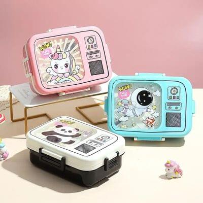 7125 Kids Printed Stainless Steel 3 Section Leak Proof Lunch Box