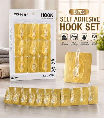 9 Pcs Sticky Golden Wall Coat Hook (Imported)